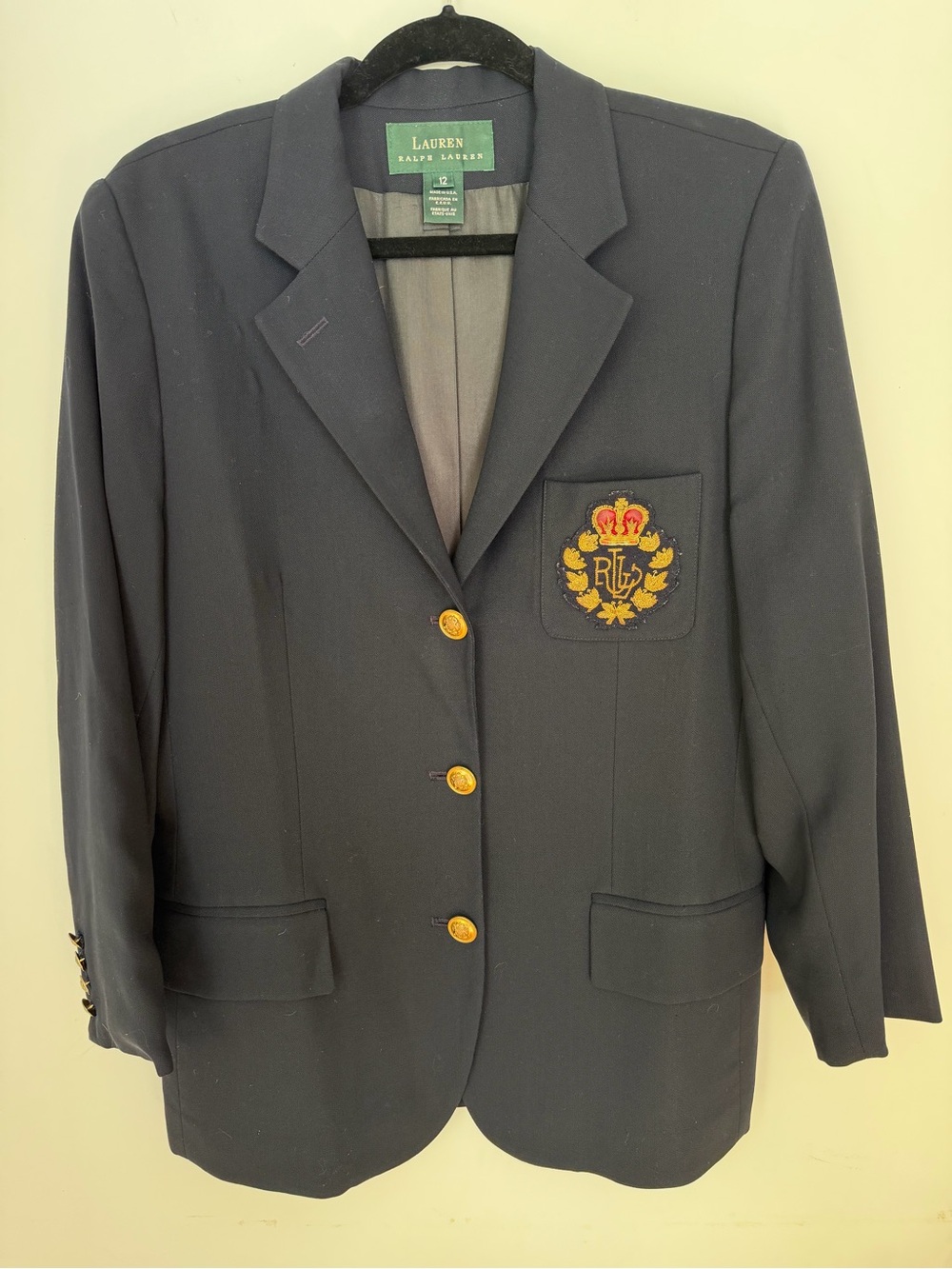 Ralph Lauren Vintage Navy Wool Crest Blazer Size 12 Made in USA